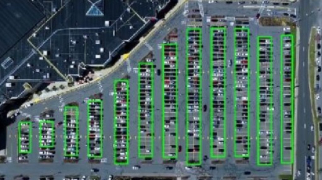 Aerial view of a retail parking lot with parking segments identified for activity measurement